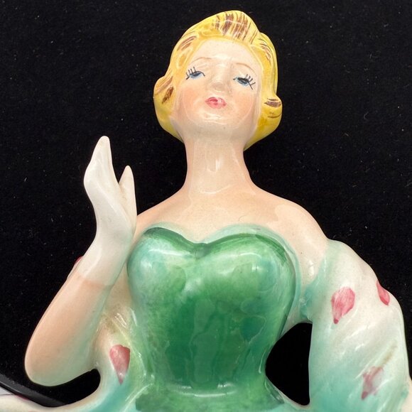 Vtg Rubens Blonde Lady Planter Figurine 583 Green Dress Pink Parasol USA Ceramic - Picture 7 of 11